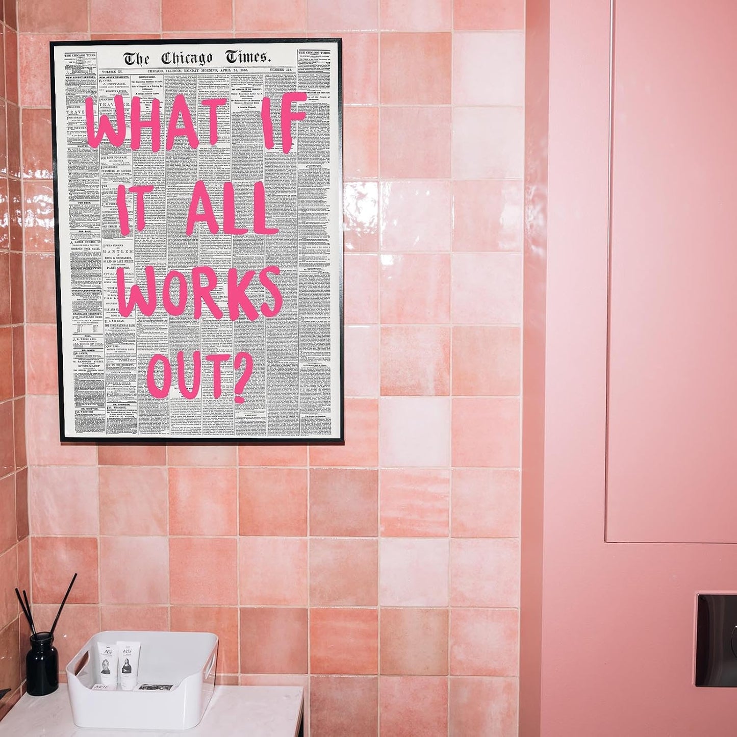 Liyark Retro Trendy Newspaper Canvas Wall Art - 'What If All Works Out' Poster - Positive Affirmation Quote - Pink Font - Minimalist Home Decor - Framed 16x24in