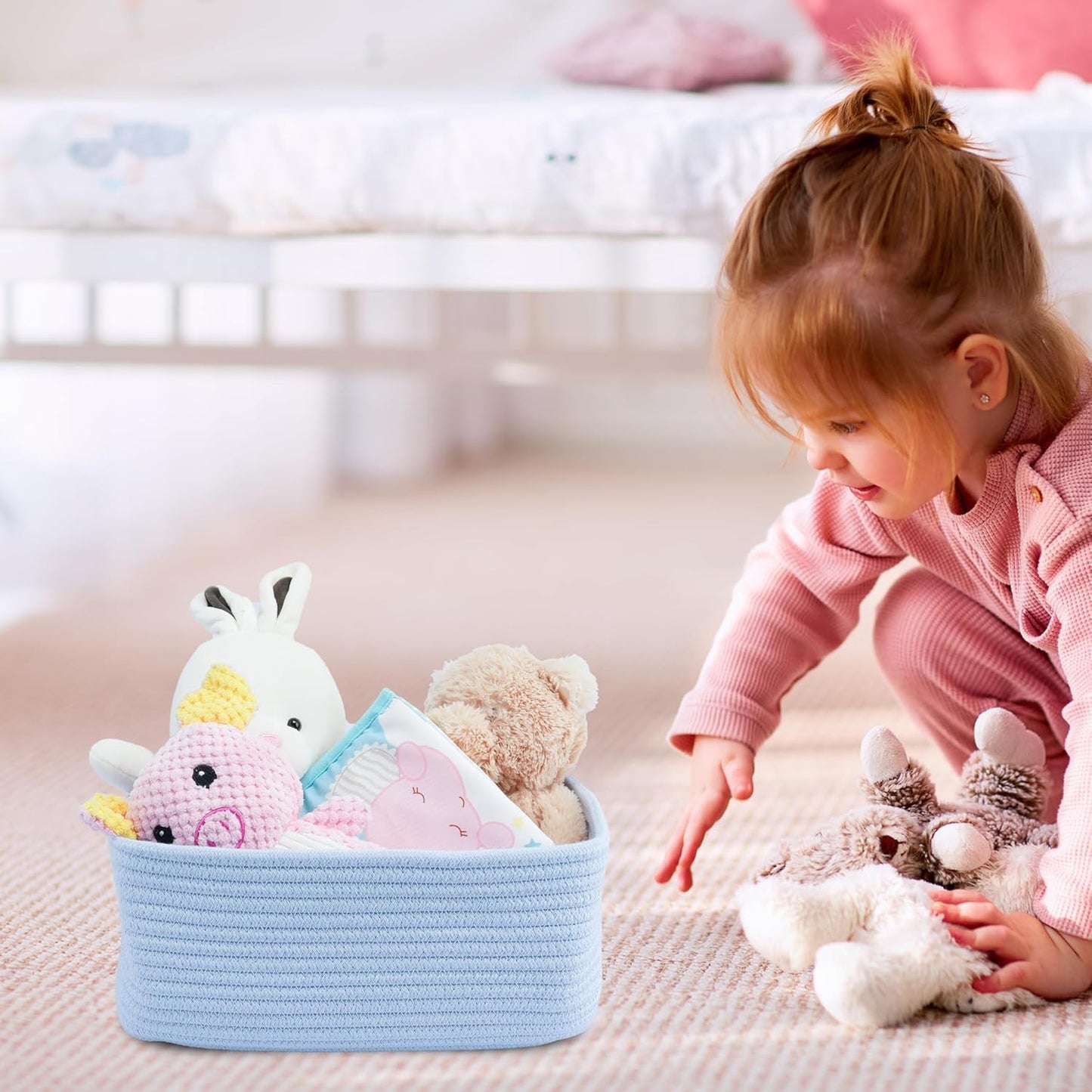 Small Woven Storage Baskets 12“X8”X5“ Decorative Rope Bins for Organizing Shelves, Closets, and Toys, Empty Gift Baskets, Cute Organizer Basket for Home and Office (blue, regular)