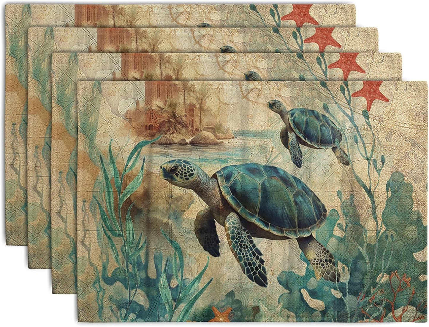Sea Turtle Placemats Set of 4 Summer Beach Seasonal Linen Table Mats 12x18 Inch Vintage Ocean Animal Heat Resistant Washable Non-Slip Place Mats for Party Kitchen Dining Decoration