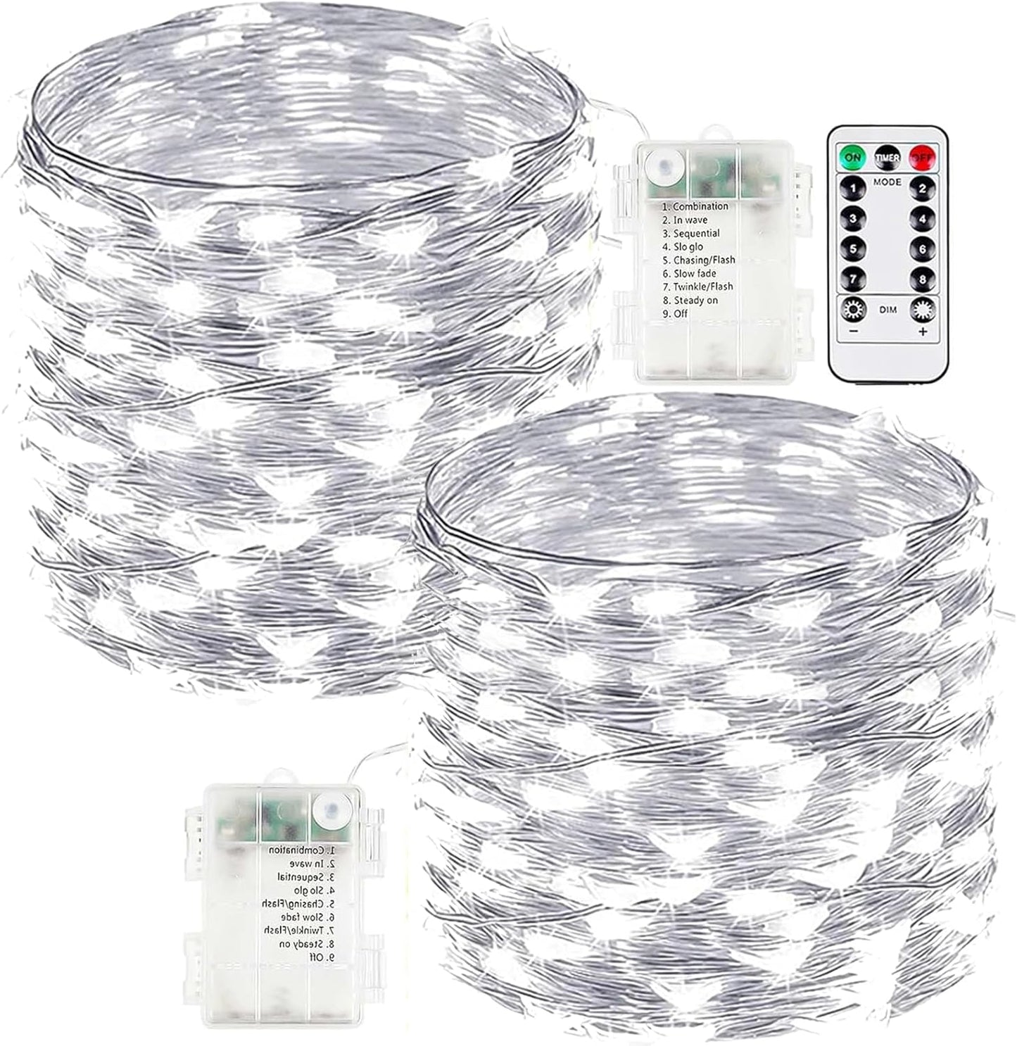 2-Pack Fairy Lights Battery Operated with Remote, Waterproof 66FT 200 LED Battery String Lights Outdoor Indoor, 8 Modes Twinkle Lights with Timer for Bedroom Wedding DIY Christmas Decor (Cool White)