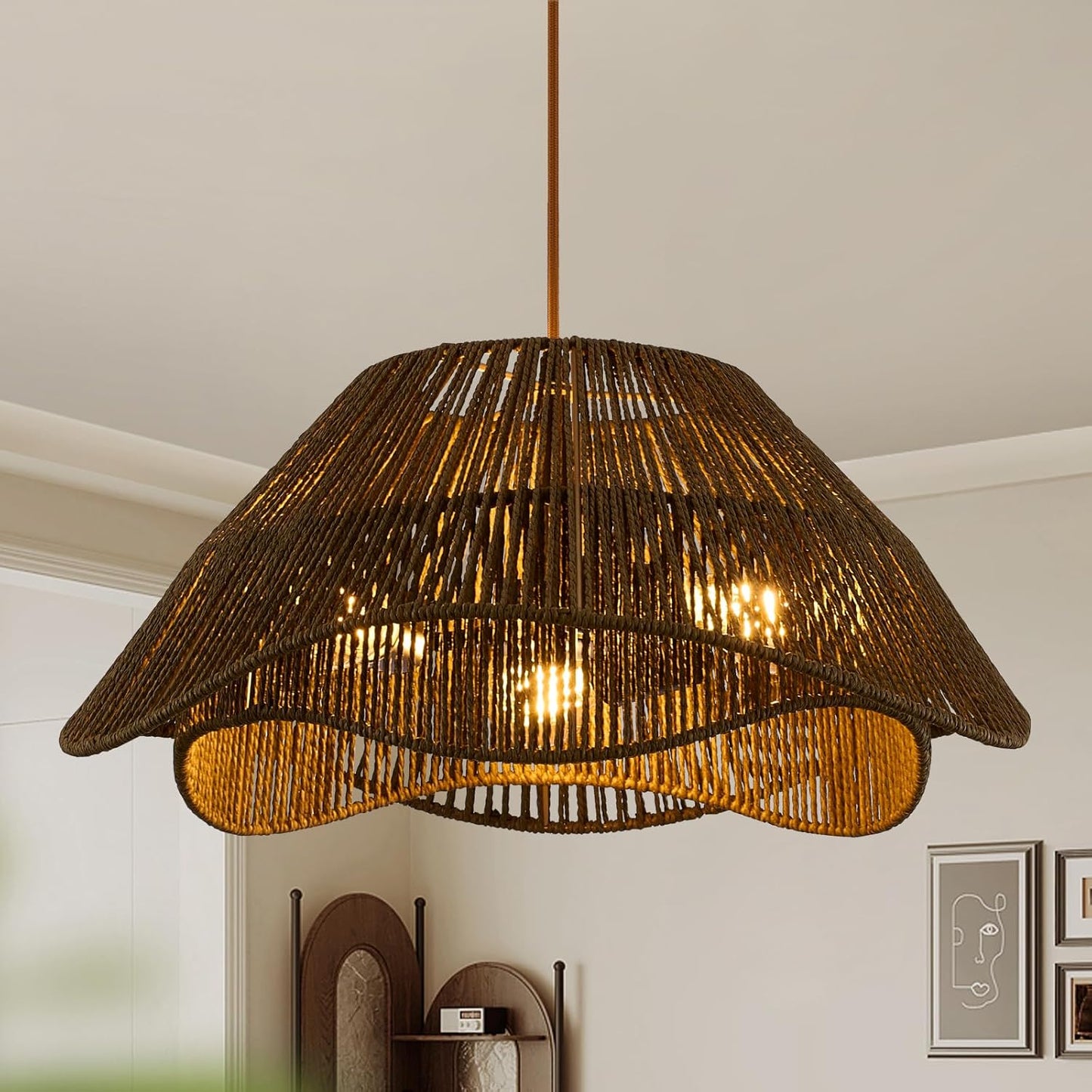 Rattan Pendant Light Fixture Ceiling, 19.68”Hand Woven Wicker Chandelier, Rustic 3-Light Large Hanging Lamp, Adjustable Boho Flush Mount Hanging Light for Dining Room Kitchen Living Room