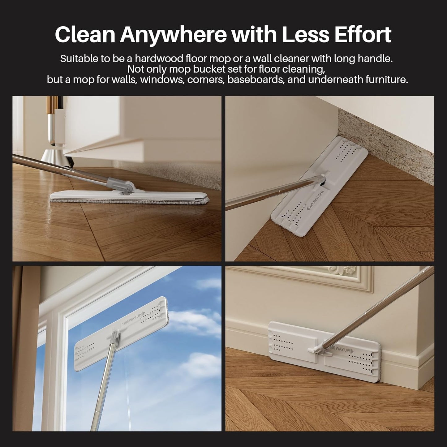 JOYMOOP White Flat Mop & Bucket with 1 Microfiber Pad, 12 Disposable Toilet Brushes, Stainless Steel Toilet Brush and Holder Set, Multi-Functional Cleaner for Floors, Windows, and Toilets