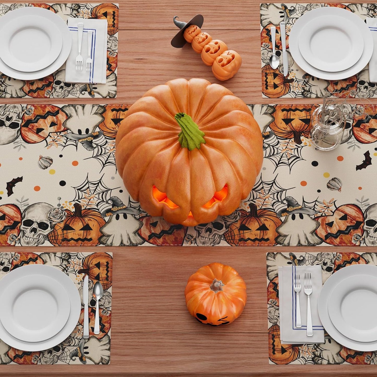 XCHI Spooky Skeleton Ghost Pumpkin Halloween Table Runner Party Table Decoration for Home Kitchen Dining Holiday Decor 13x60 Inch