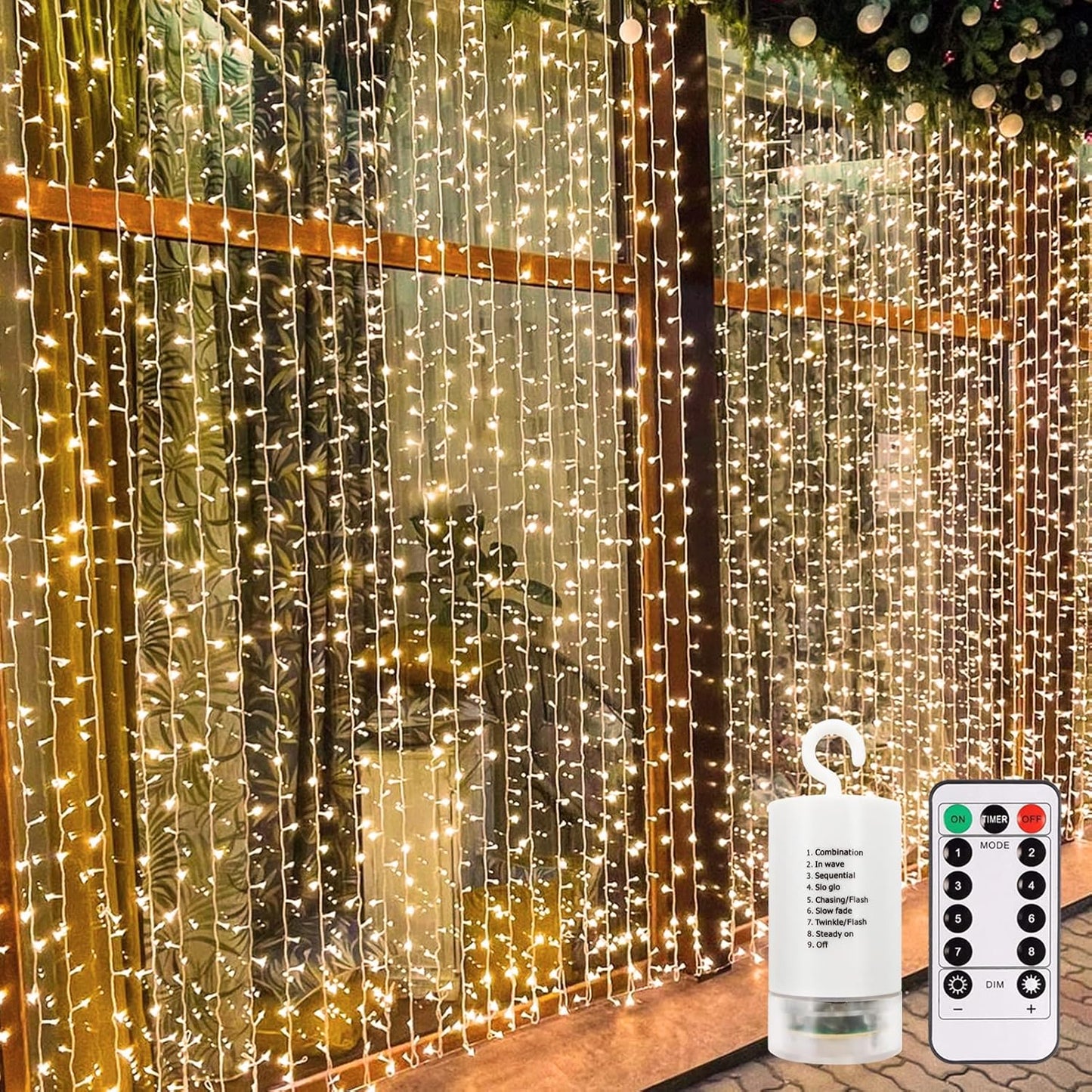 echosari 300 LED Curtain Lights Battery Operated, 9.8ft×9.8ft Hanging Light with Remote Timer Fairy Curtain Lights for Bedroom Patio Wedding Backdrop Party Decór (Warm White)