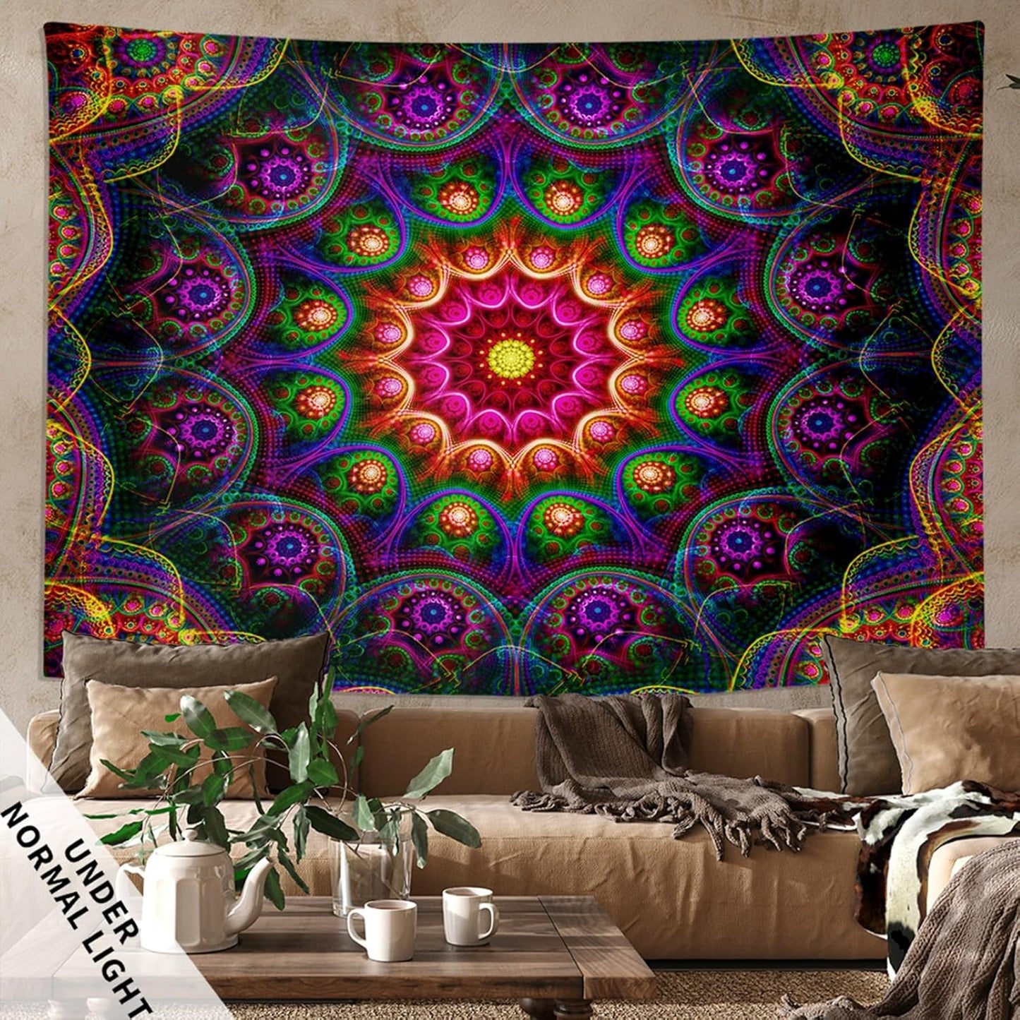 Blacklight Trippy Mandala Tapestry, Boho Black Light Posters for Adults UV Reactive Room Decor for Bedroom Wall (60 x 50 Inches)