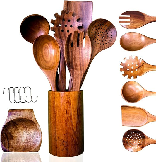 Wooden Spoons for Cooking - 8 Piece Natural Teak Kitchen Utensil Set Non Toxic - Teak Wooden Utensils with Spoon Rest and Holder