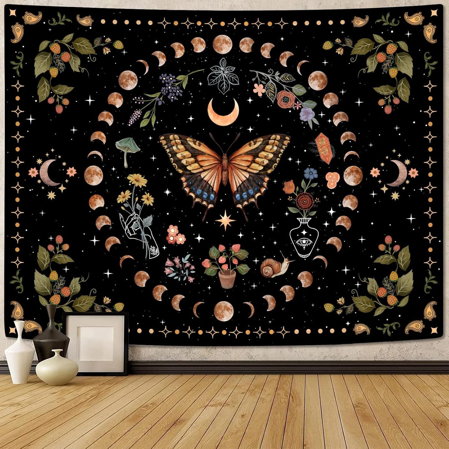 Aipon Yellow Butterfly Moon Flower Tapestry Botanical Floral Plant Boho Tapestry for Bedroom Aesthetic Vintage Tapestries Wall Hanging for Living Room Dorm (44.00'' × 60.00'', Yellow)