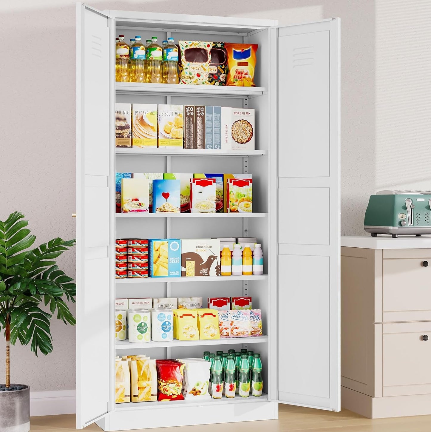 SISESOL White Metal Storage Cabinet,71" Tall Pantry Cabinet,Kitchen Pantry Storage Cabinets with 2 Doors and 6 Shelves,Wide Deep Food Cupboard for Home,Kitchen,Dining/Living Room