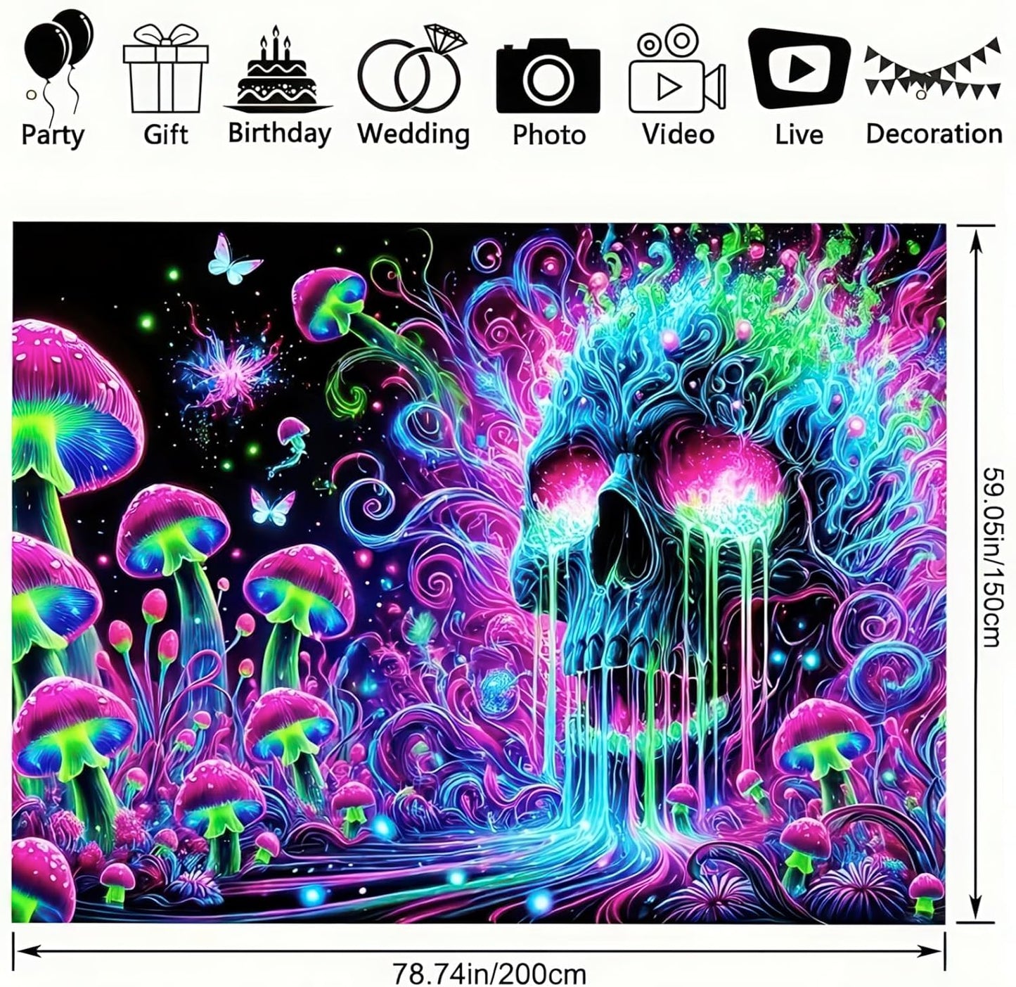 BlissYard Glowing Tapestry Blacklight Skull Tapestry 78x59 Inch Psychedelic Skull Mushroom UV Reactive Neon Mushroom Galaxy Space Tapestry Wall Hanging for Living Room Bedroom Party Backdrop Decor
