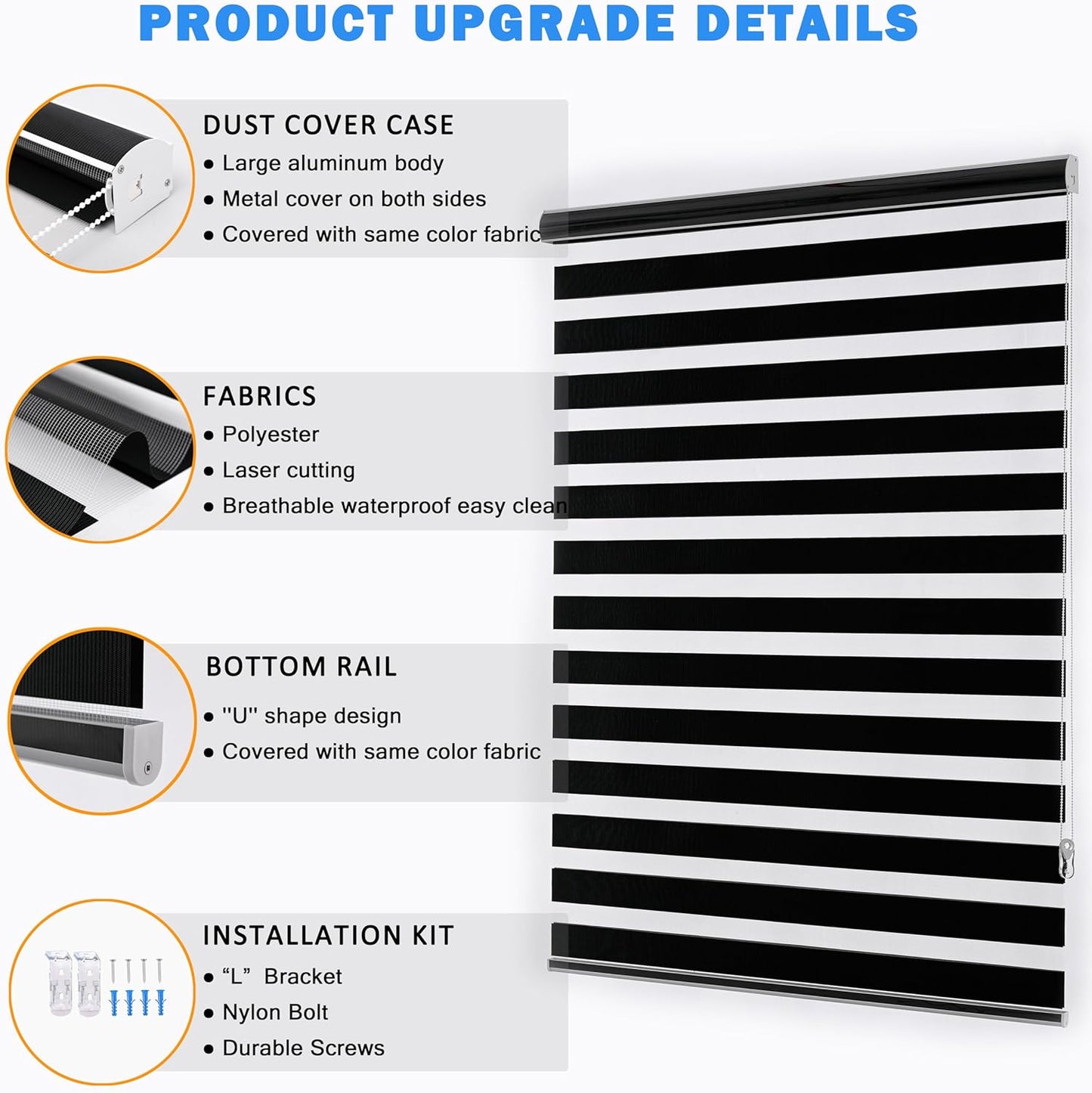 Blackout Zebra Blinds, Dual Layer Free-Stop, Room Darkening Zebra Shades, Blinds for Indoor Windows, Light Filtering Privacy Sheer Shade for Home(55" W X 72" H, Black)