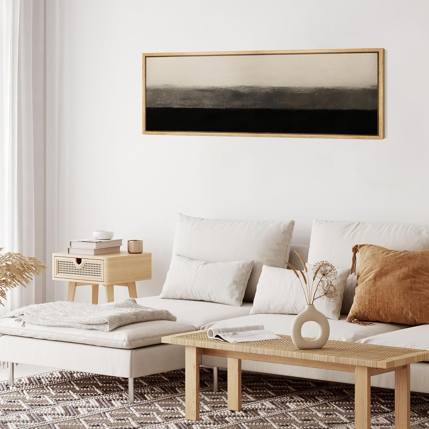 MUDECOR Large Framed Canvas Print Wall Art Minimalist Black and Beige Abstract Neutral Tones Modern Illustrations Decorative Colorful for Bedroom - 60"x20"