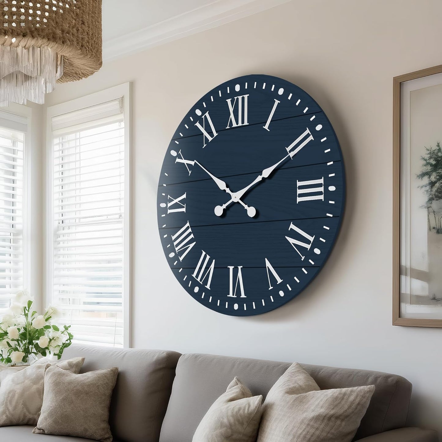 Large Wall Clock with Roman Numeral, 35” Shiplap Wall Clock Farmhouse Nearly Non-Ticking, Round Clock for Living Room Decor, Office, Bedroom, Entrance, Blue