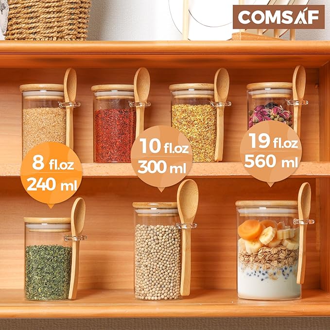ComSaf 12 Pcs Glass Spice Jars and Spoons, 8oz Glass Containers with Bamboo Lids, Storage Containers with Airtight Lids with 275 Labels for Seasonings, Salt, Loose Leaf Tea Storage