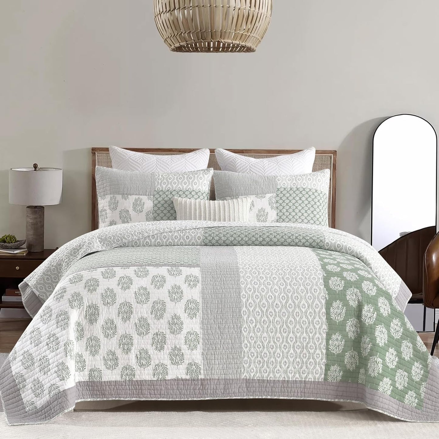PANGUSHAN Quilt Set King Size, 100% Cotton Bedspread Quilt Bedding Set, Patchwork Reversible Floral Quilt for King Bed, Greyish-Greens Bed Spread, Lightweight Comforter for All Season, 3 Pieces