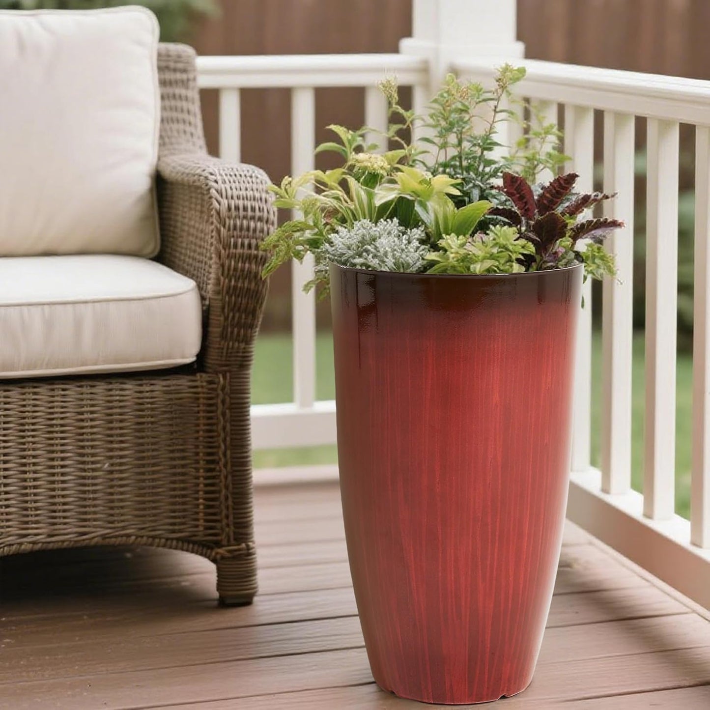 Worth Garden 20" H. Plastic Planters - Set of 2 Gradient Red Glossy Smooth Finish - Tall Plant Pots Drain Hole for Indoor Outdoor Use - Decorative Lightweight Flower Pots for Front Porch, Patio, Deck