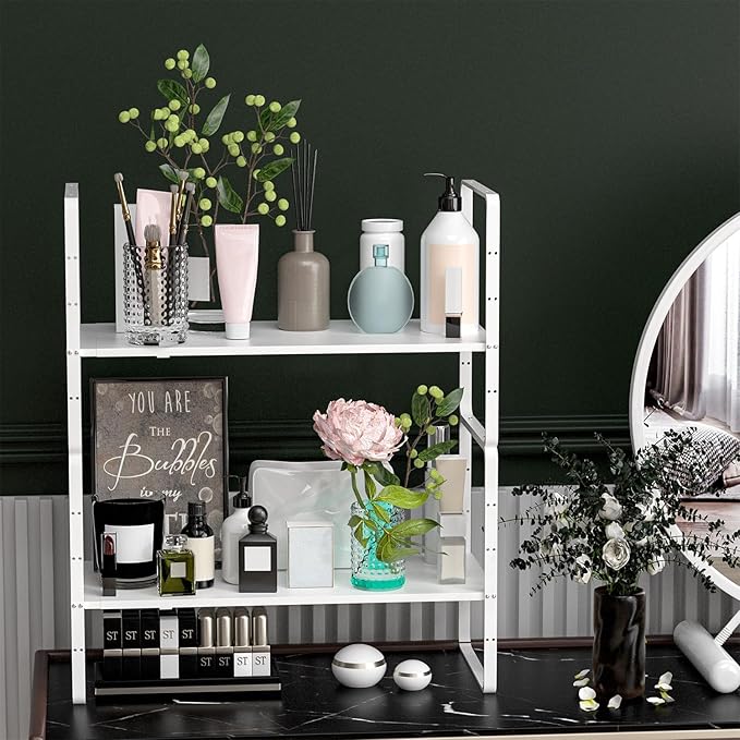 iPEGTOP Expandable Cabinet Storage Shelf Organizer Rack, Heavy Duty Cupboard Stand Spice Rack Adjustable Height Garage Pantry Shelf Space Riser for Counter Kitchen Organization, White, 3 Pack