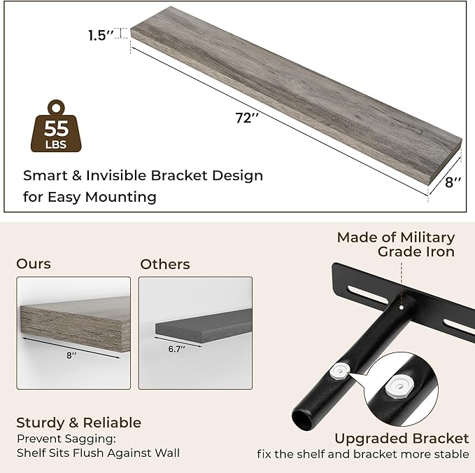RICHFOCUS 72Inch Floating Shelves for Wall 1 Pack Shelves for Bedroom|Kitchen|Bathroom Wall Mounted Rustic Wood Floating Shelf with Invisible Brackets for Books|Storage|Decor, Grey