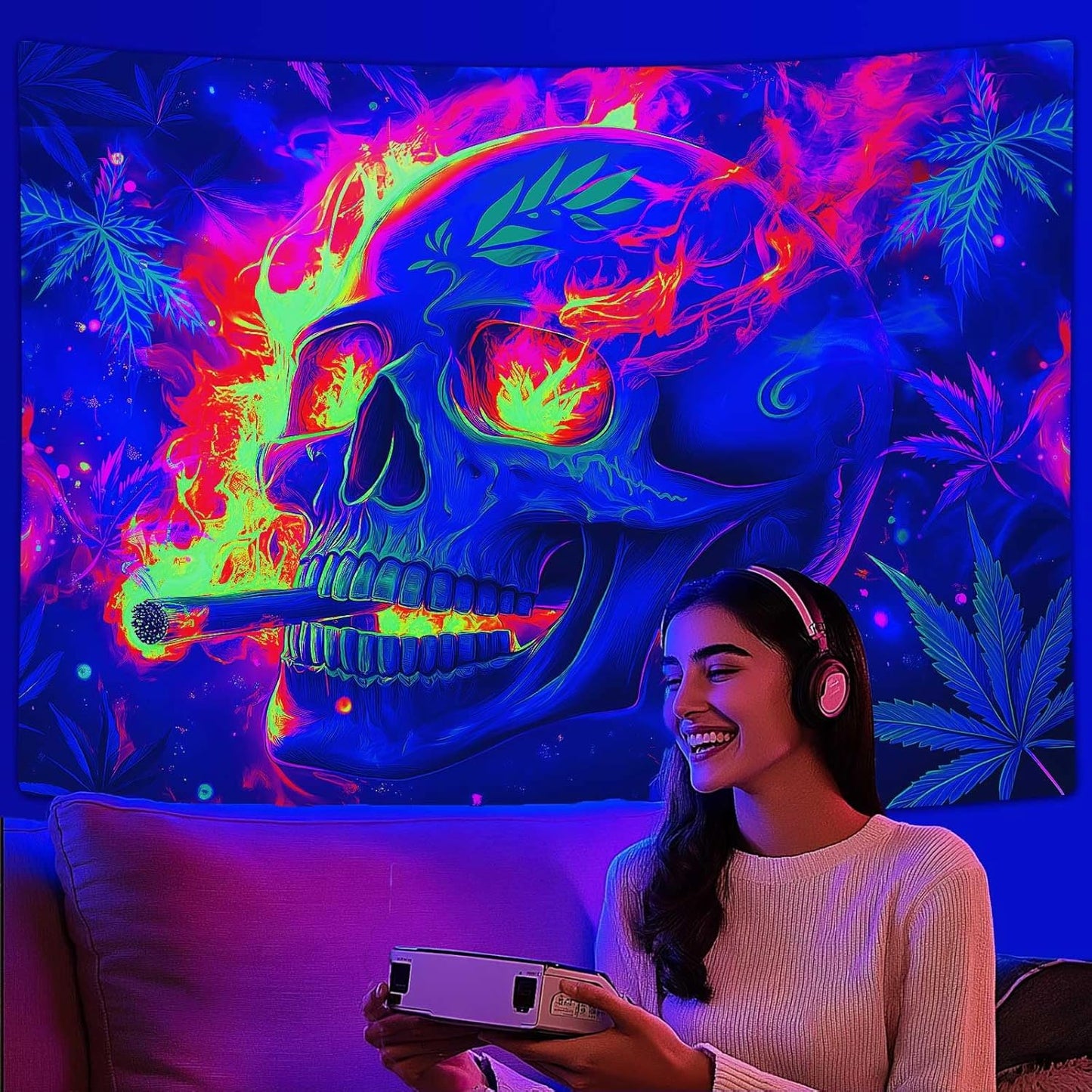 Blacklight Skeleton Tapestry, Glowing Skull UV Reactive Gothic Wall Hanging Tapestries, Glow in the Dark Grim Reaper Magic Horror Face Halloween Poster Tapestry for Bedroom Living Room Decor 80X60IN