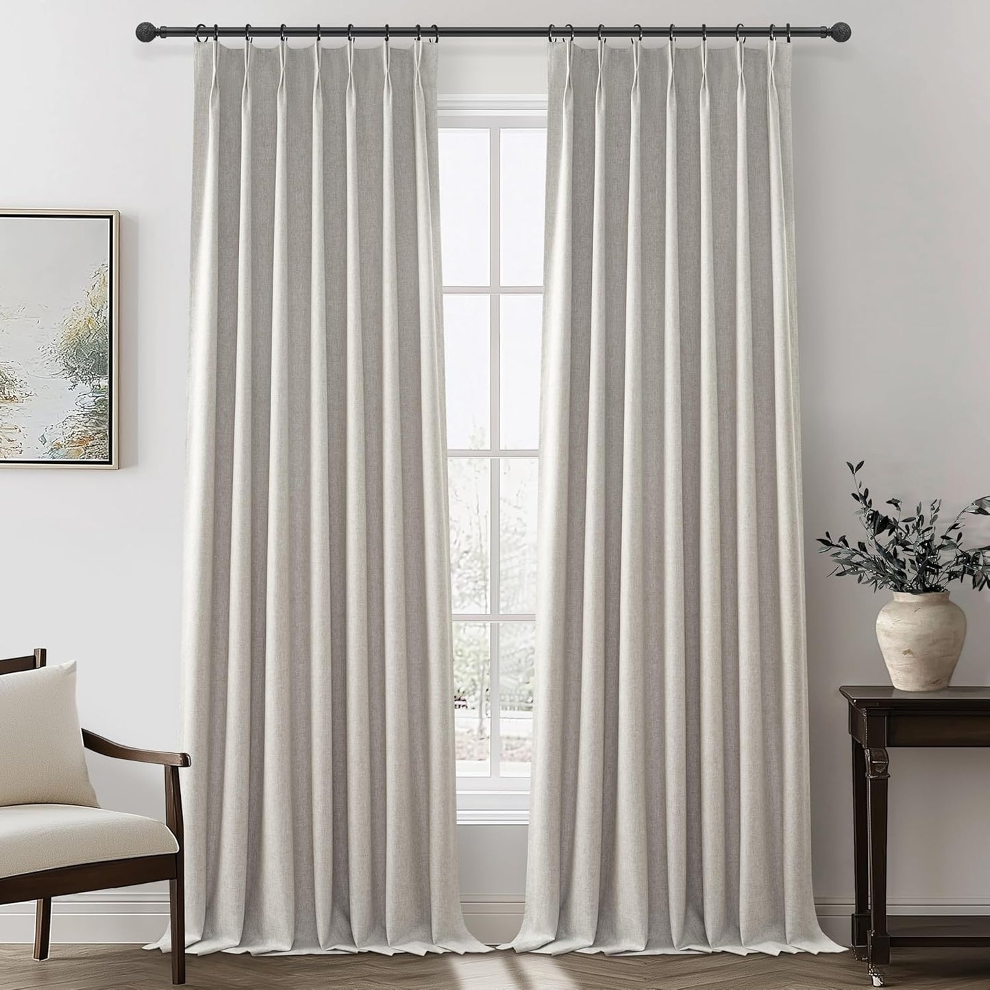 Natural Melange Taupe Blackout Curtains 108 Inch Extra Long Linen Viral Curtain with Pinch Pleat Clips&Hooks, Floor to Ceiling Drapes for Living Room 106 inch Large Window Burgs (40"Wx108"Lx2Panels)
