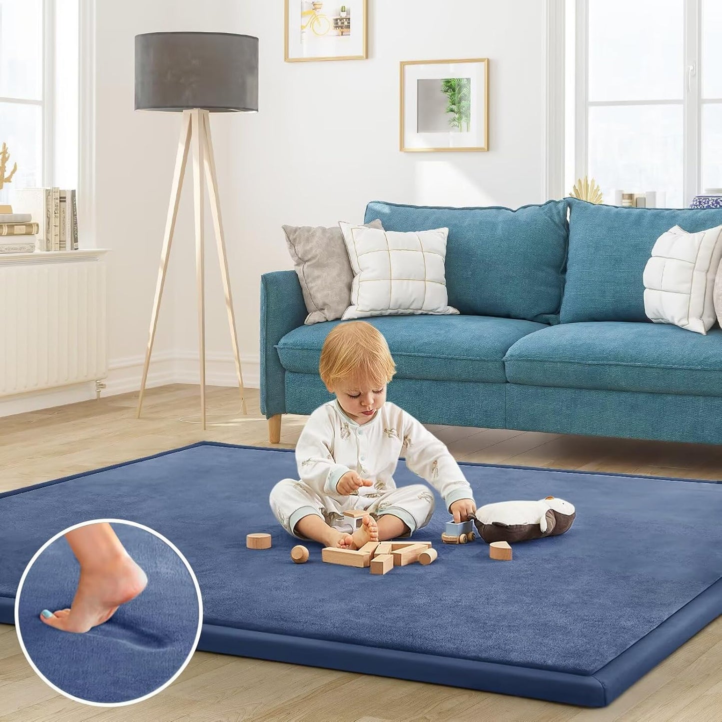 Baby Play Mat for Floor Tummy Time Nursery Rug Muscle Area Rug Playroom Rug Tatami 50 * 50" Memory Foam 1.3" Thick Crawling Mat For Babies,Toddlers, Infants, Kids,Floor Mat(Blue)