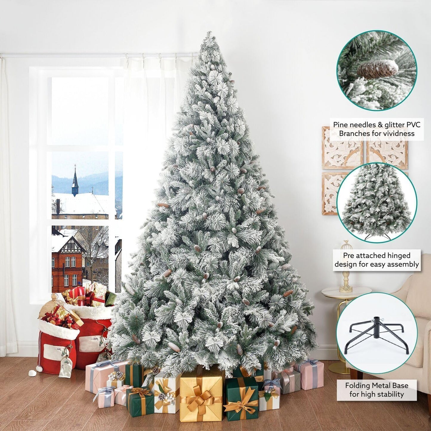Naomi Home 4.5ft Snow Flocked Spruce Christmas Tree with 200 Warm Lights and Metal Stand