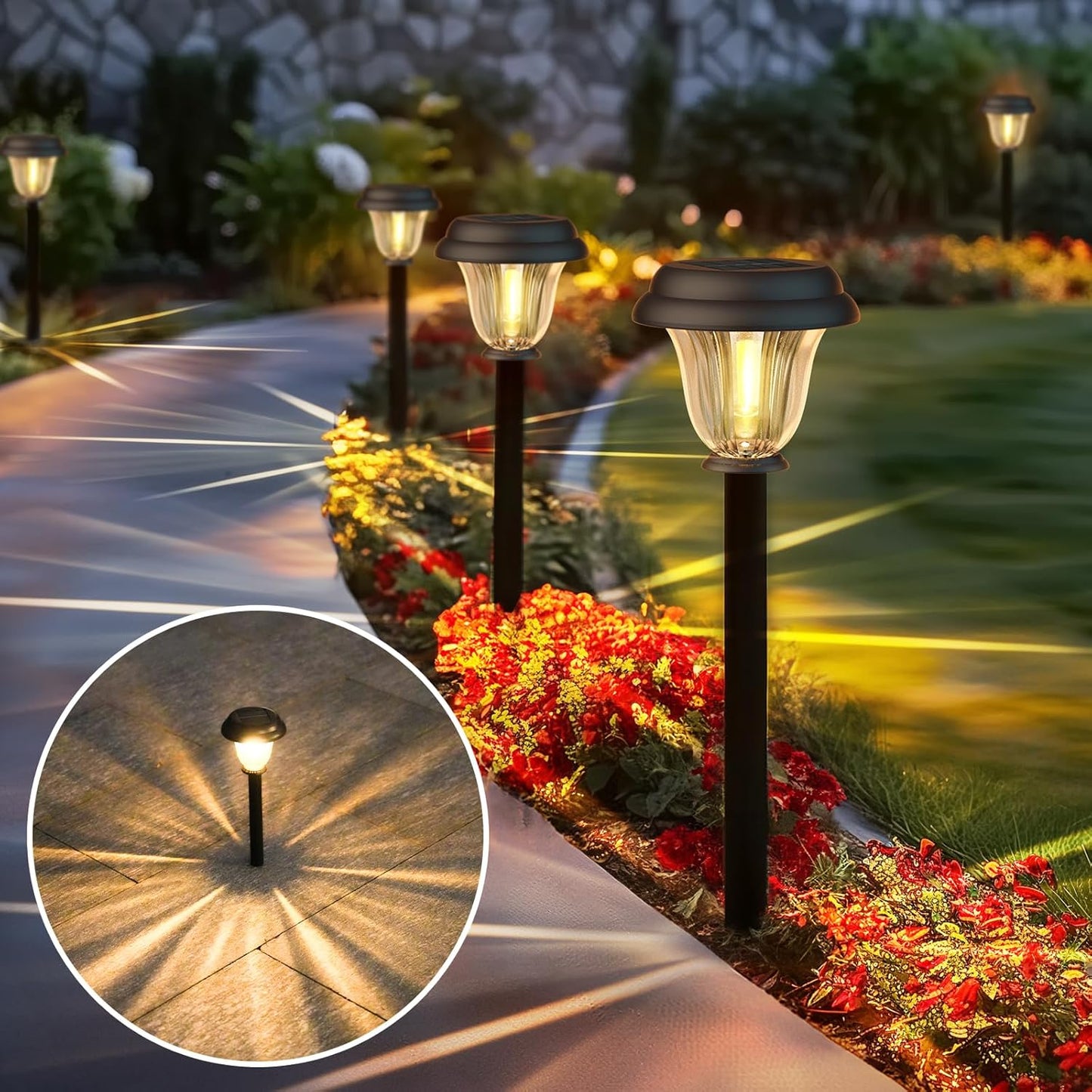 DERAYSION Solar Lights Outdoor 6 Pack, Stainless Steel Glass Solar Pathway Lights, Auto On/Off Long-Lasting Waterproof Landscape Lighting for Garden, Landscape, Path, Yard, Warkway (Warm White)