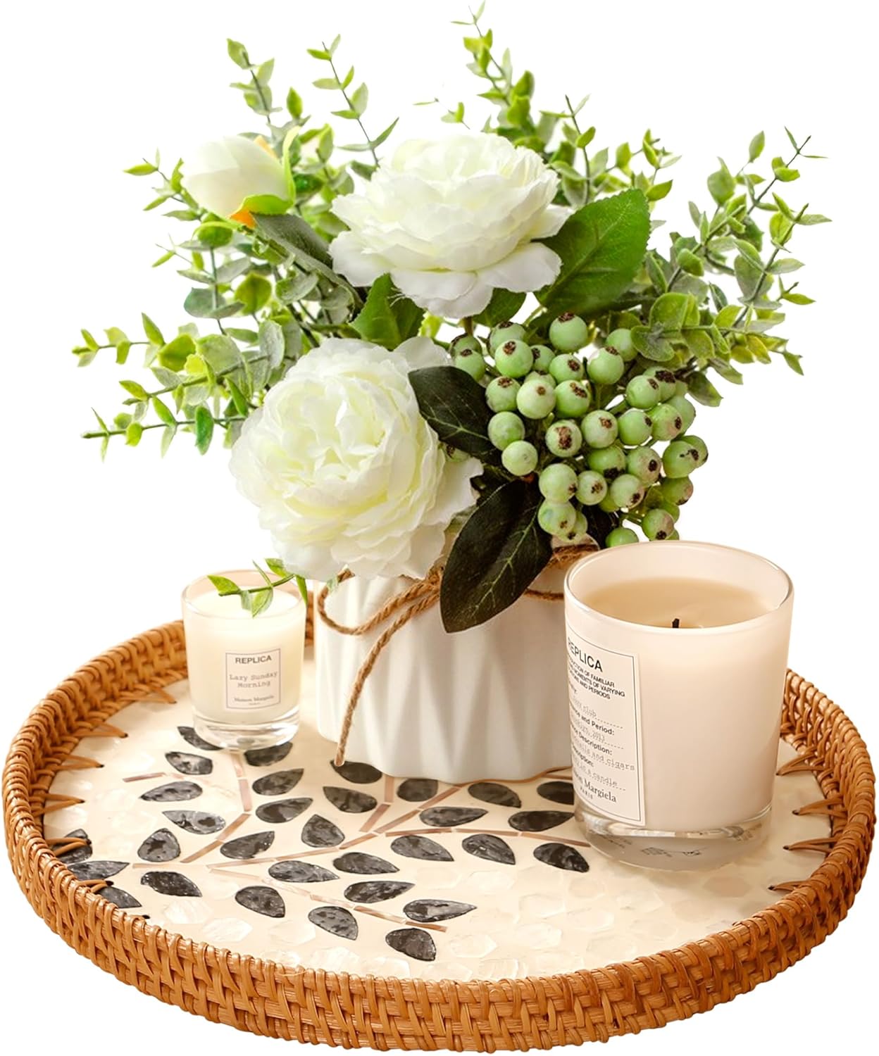 Round Rattan Tray with Mother of Pearl Inlay & Wooden Base - Decorative Wicker Serving Tray for Coffee/Bread/Fruits, Food Storage & Display - Multipurpose Home Decor (M,Little Tree)