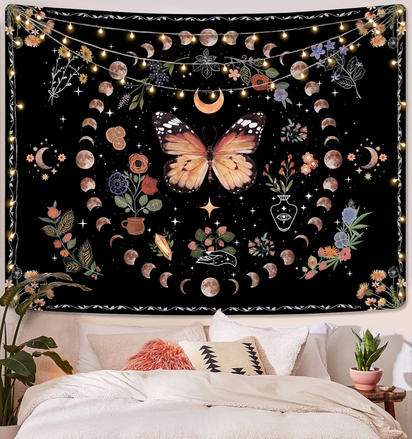 Fowocu Orange Butterfly Moon Flower Tapestry Boho Floral Plant Tapestries for Bedroom Aesthetic Tapastry's Wall Hanging Mandala Botanical Wall Tapestry for Living Room Dorm (Yellow, 48'' × 36'')