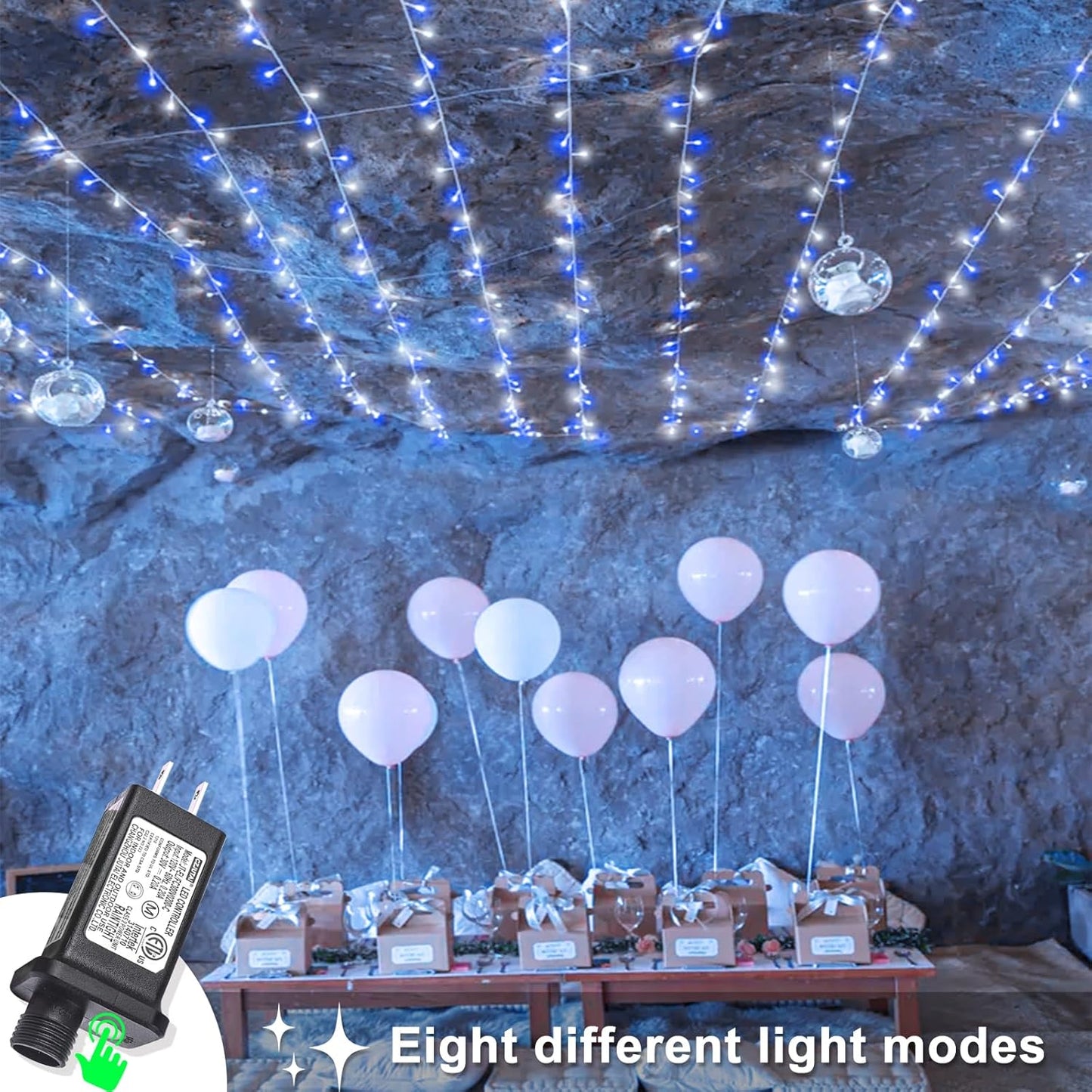 Blue and White Christmas Lights Outdoor 82ft 250 LED Christmas Tree Lights 8 Modes Clear Wire, Plug in Waterproof Twinkle Fairy Lights for Indoor Christmas Bedroom Tree Decorations