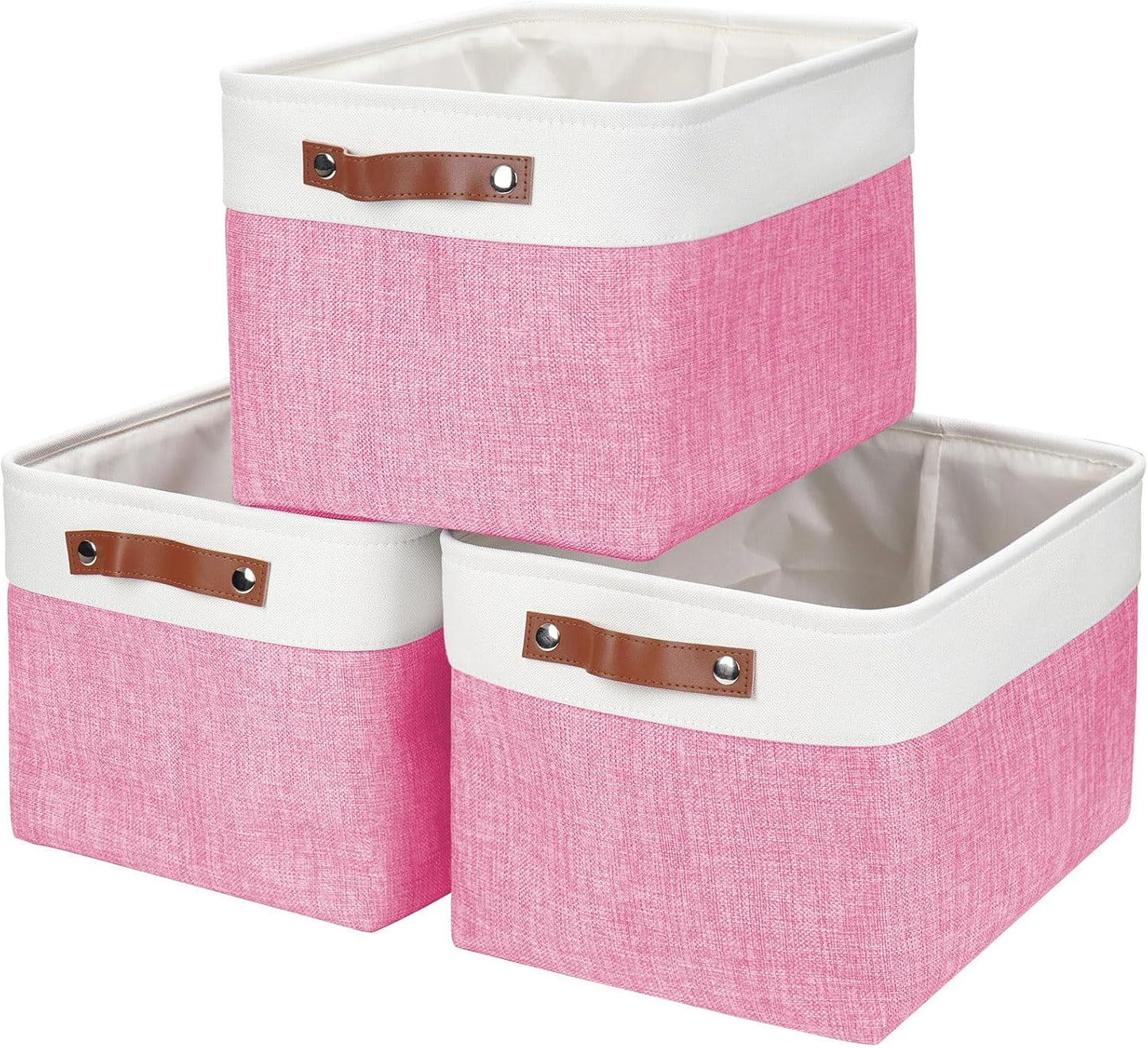 Storage Bins Large Fabric Storage Baskets for Shelves 3 Pack, Decorative Linen Closet Baskets with Handles for Organizing, Shelf, Clothes, Home, Office, 15x11x9.5Inches (Pink&White)