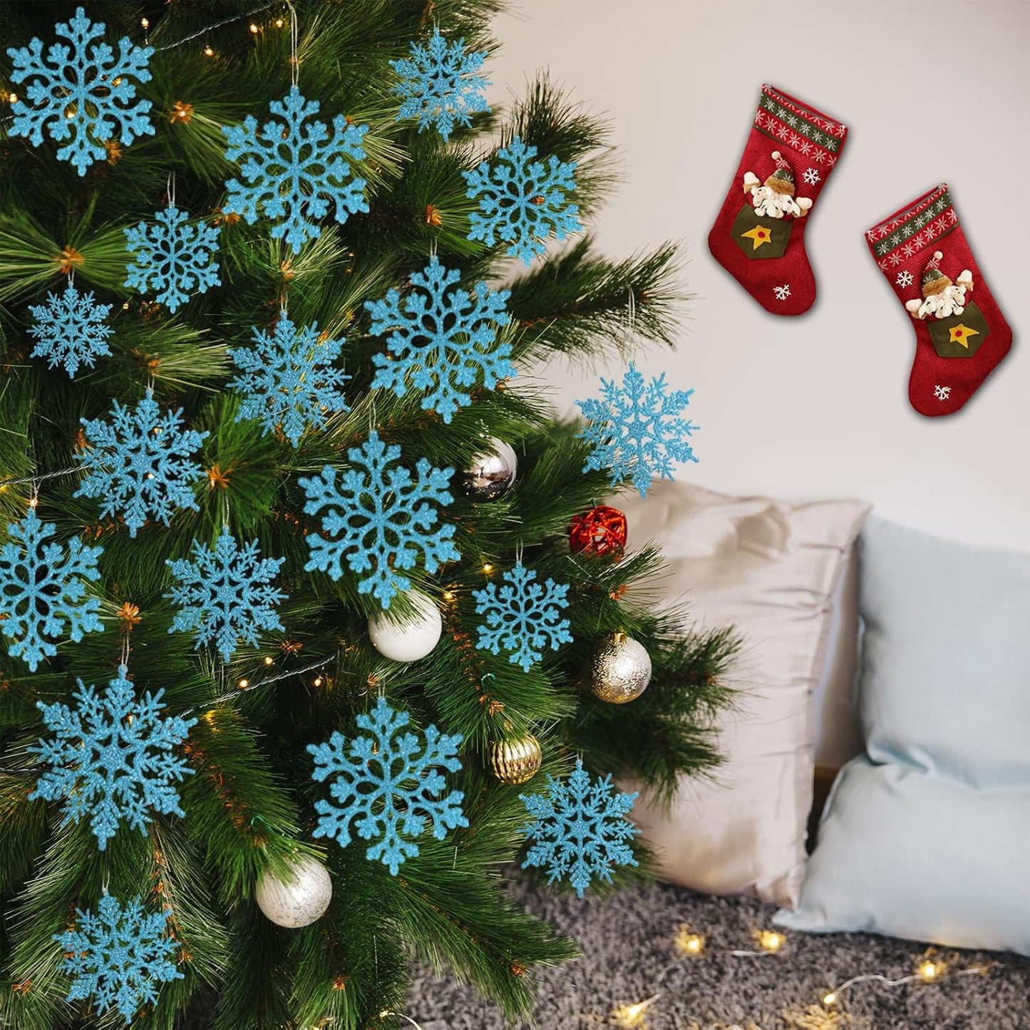 36pcs Christmas Light Blue Snowflake Ornaments Plastic Glitter Snow Flakes Ornaments for Winter Christmas Tree Decorations Size Varies Craft Snowflakes