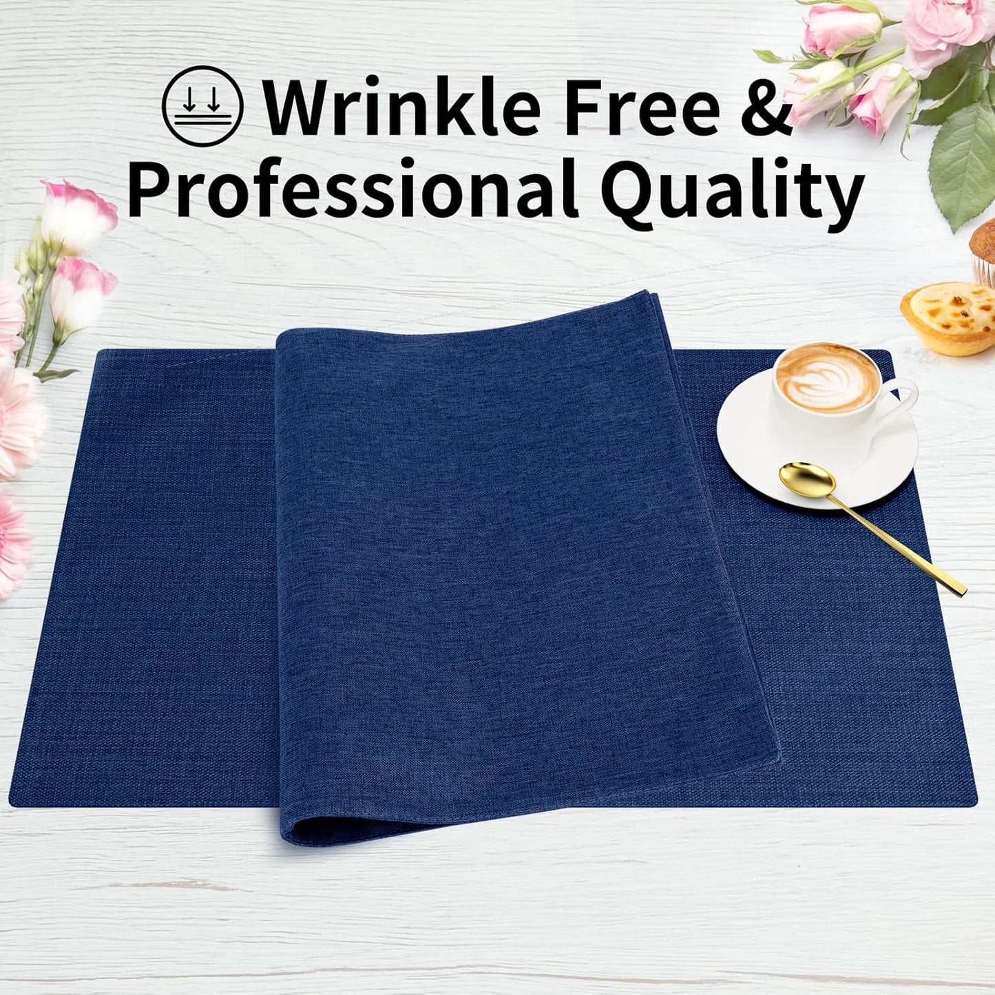 Cloth Placemats, Set of 4 Heat-Resistant Cotton Linen Blend Double Layered Machine Washable Place Mats, Wrinkle Free Thick Fabric Dining Table Mats for Indoors & Outdoors (Navy Blue, 4)
