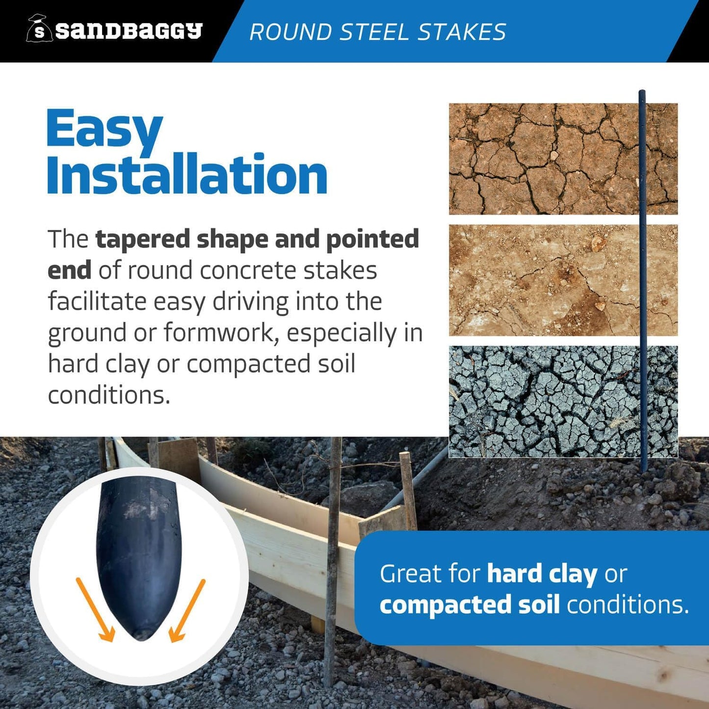 Sandbaggy Round Steel Concrete Form Stakes with Nail Holes - Rust Resistant Coating - Removable, Reusable (200, 3/4 in X 48 in)