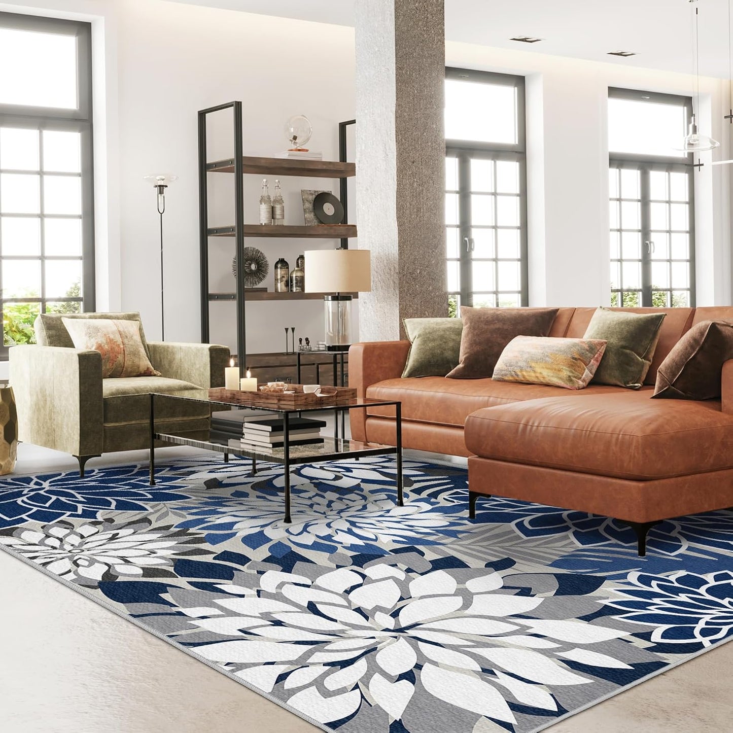 Indoor Outdoor Area Rug Washable Multicolored Patio Rug Tropical Botanical Modern Floral Indoor Outdoor Carpet Blue White Rug Non Slip for Patio, Deck, Backyard, Porch (5x8)