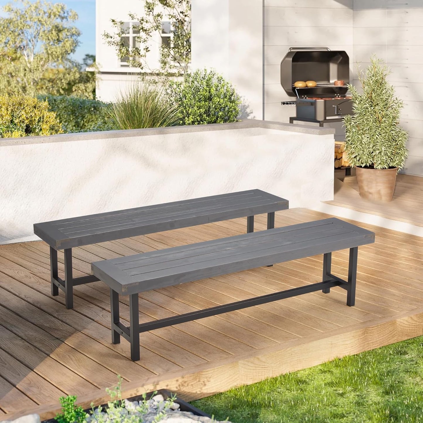 AVAWING Outdoor Wood Benches Set of 2, 63" Patio Wooden Picnic Bench for 6 Persons, Rectangular Bench for Porch, Balcony and Deck,Grey