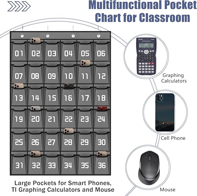 Loghot Classroom Accessories Closet Pocket Chart for Cell Phones Holder Wall Door Hanging Organizer (36 Pockets Gray)