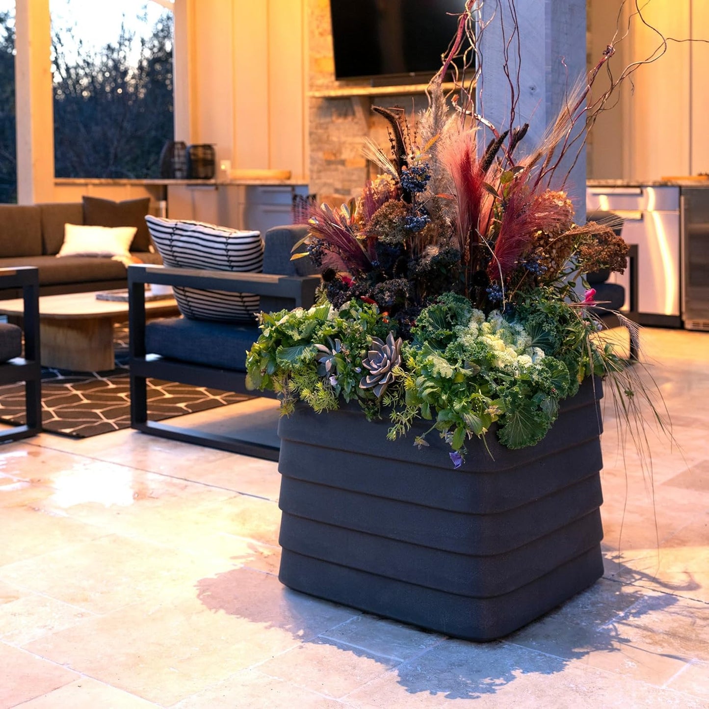 Crescent Garden TruDrop Self Watering Slat Square Box Planter - Indoor Outdoor Planter Box with Built-in Reservoir & Water Level Indicator, All Weather Flower Pot, 22''(Shadow)