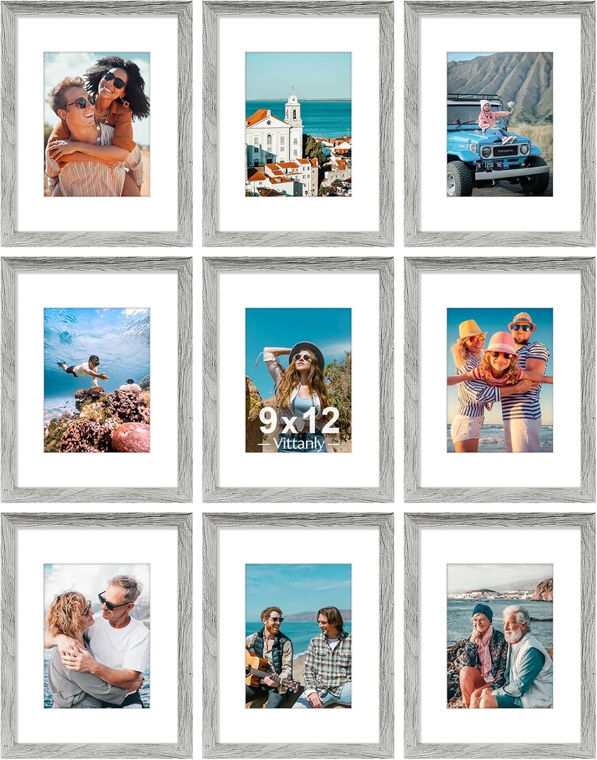 Vittanly 9x12 Picture Frames Set of 9, Shatter Resistant Plexiglass, Display 6x8 Pictures with Mat or 9x12 without Mat, Photo Frames for Wall or Tabletop, Engineered Wood, Grey