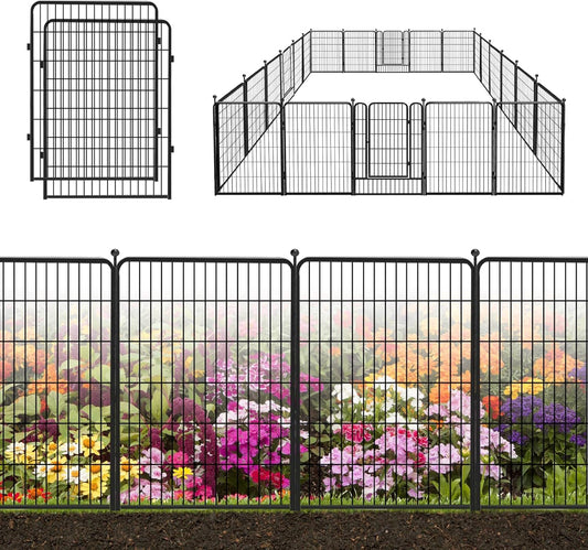 Decorative Black Metal Fencing Garden Fence with Gate, 50ft(L) 40in(H) 22 Fence Panels No Dig Fence Rustproof Animal Barrier Fence Temporary Dog Panels Fencing Outdoor