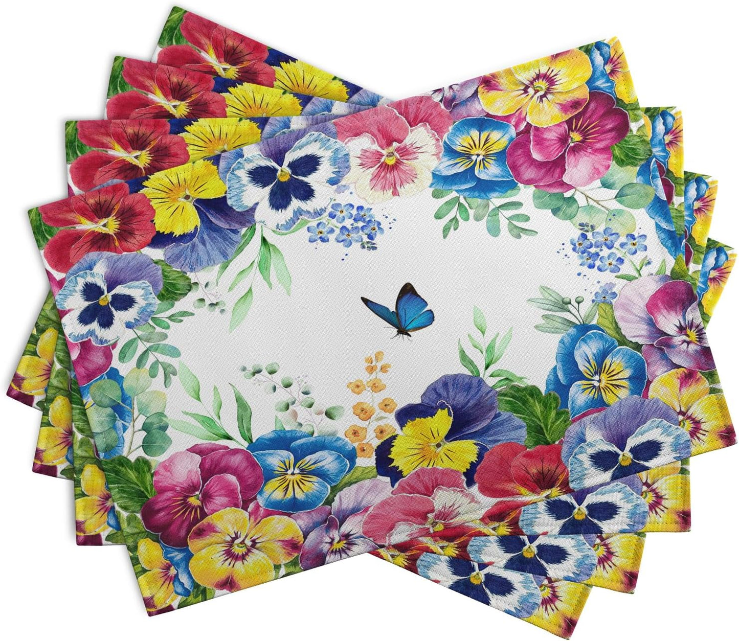Watercolor Flowers Placemats Set of 4 Spring Summer Floral Butterfly Linen Fabric Table Mats Pansy Flower Eucalyptus Leaves Washable Place Mats for Farmhouse Dining Table Kitchen Decoration