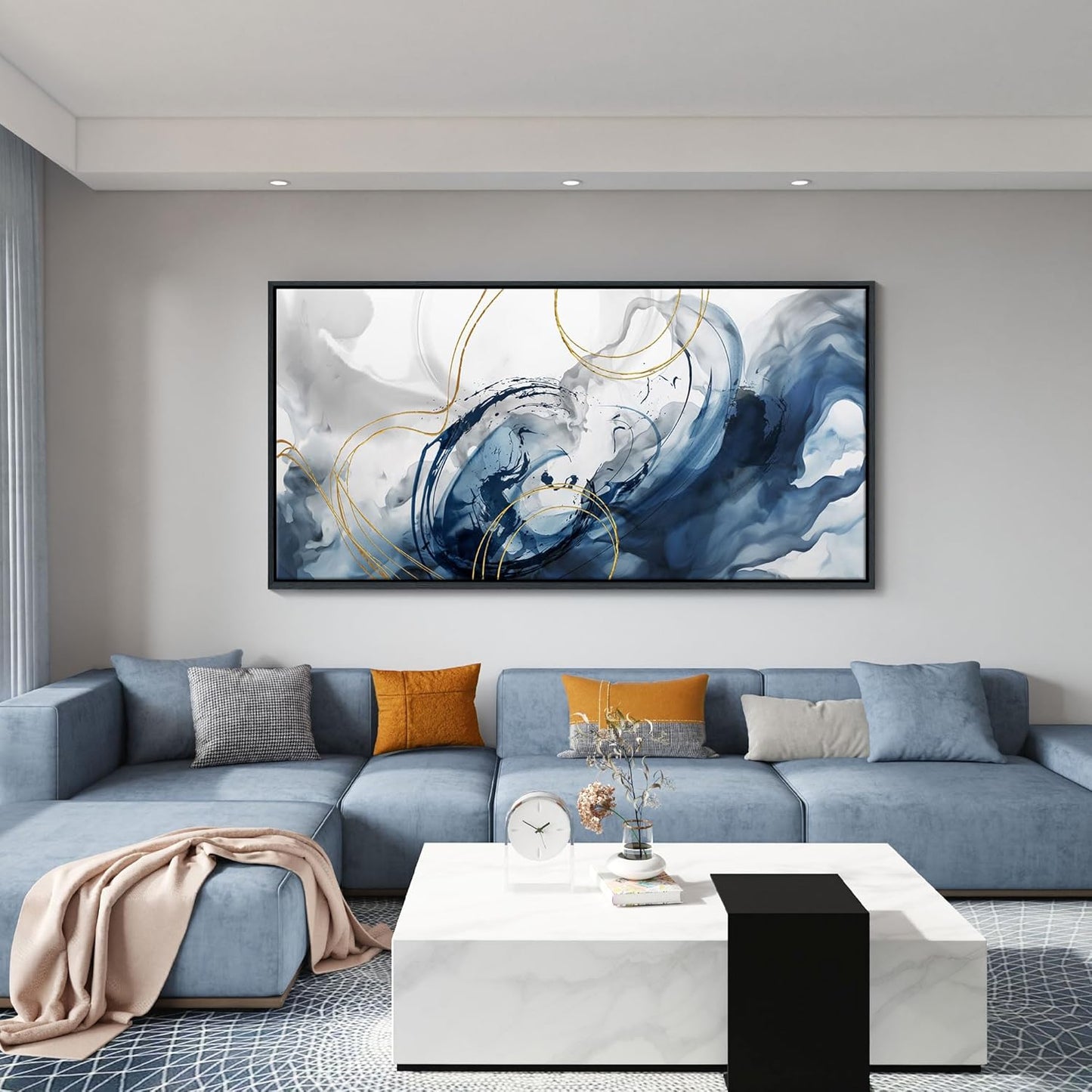 Mofutinpo Large Framed Canvas Art Wall Art Blue Abstract Wall Decor Modern Home Decor Office Wall Decor Home Decorations for Living Room Minimalist Bedroom Artwork 29×58in