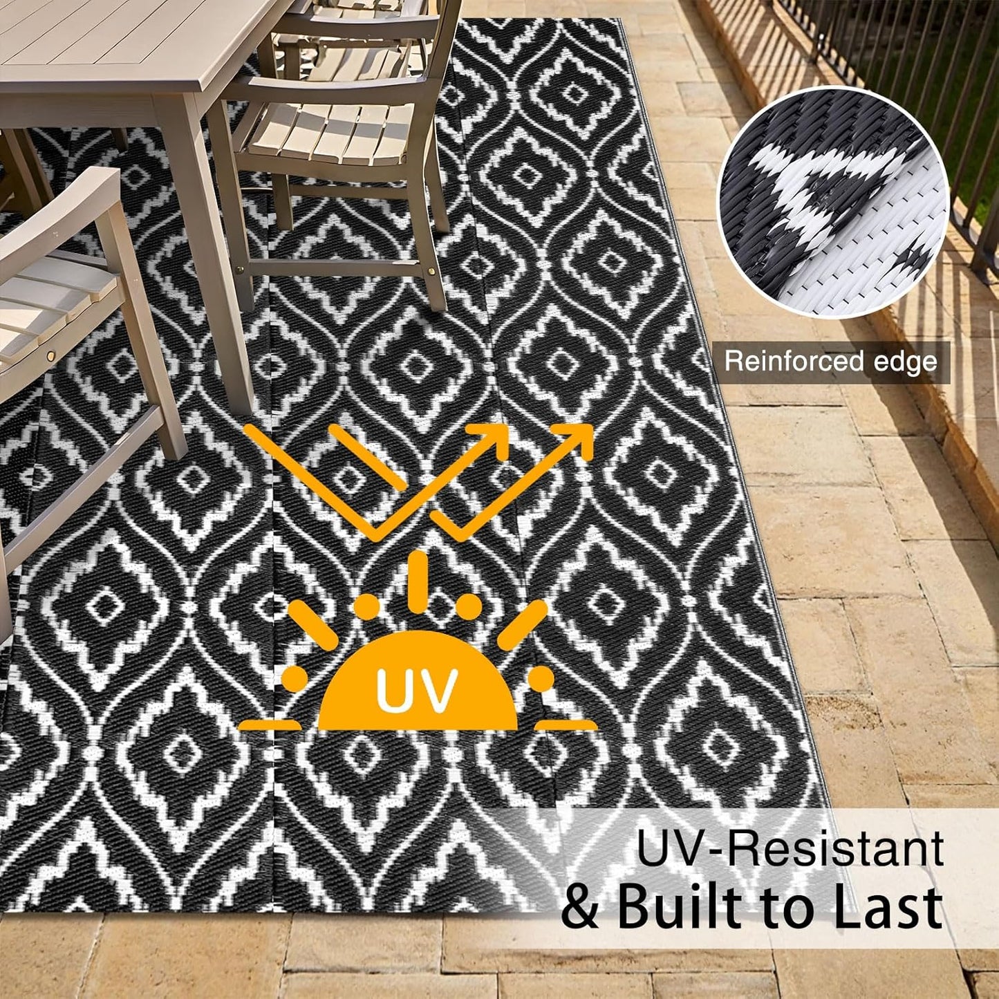 OLANLY Outdoor Rug 5x8 ft Waterproof, Outdoor Plastic Straw Rug with Geometric Pattern Clearance, Reversible RV Mat for Patio, Camping, Balcony, Deck, Backyard, Black & White