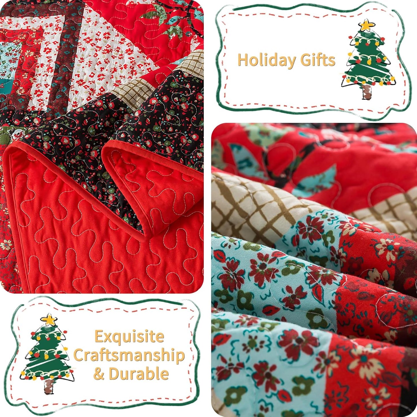 VAPUTAR Cotton King Quilt - Christmas King Size Quilt Bedding Set - Lightweight Farmhouse Bedspread with 2 Pillow Shams, 98x106 Inch All-Season Coverlet