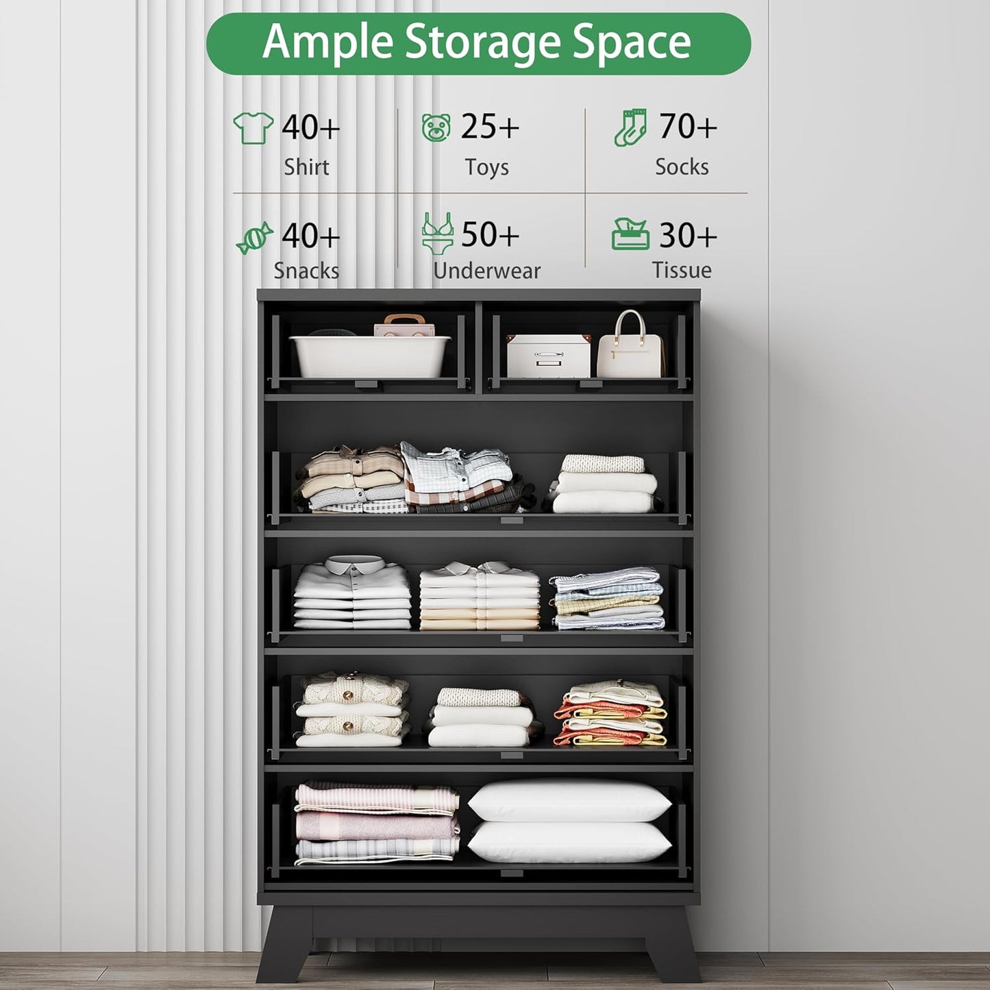 Fluted Dresser for Bedroom with 6 Drawers, 46" Tall Modern Chest of Drawers with Metal Handle, Wooden Dresser TV Stand, Wood Closet Clothes Storage Organizer for Living Room, Hallway, Black