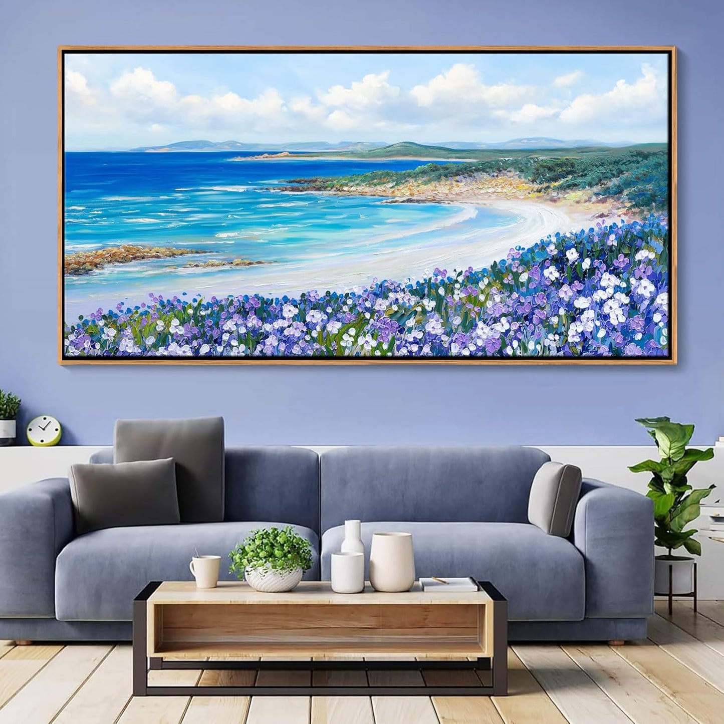 Mofutinpo Coastal Beach Wall Art,Large Purple Flower Landscape Canvas Wall Art for Living Room & Bedroom Decor, Framed Blue Beach Pictures & Paintings for Walls,Ocean Artwork for Home & Office 29x58IN