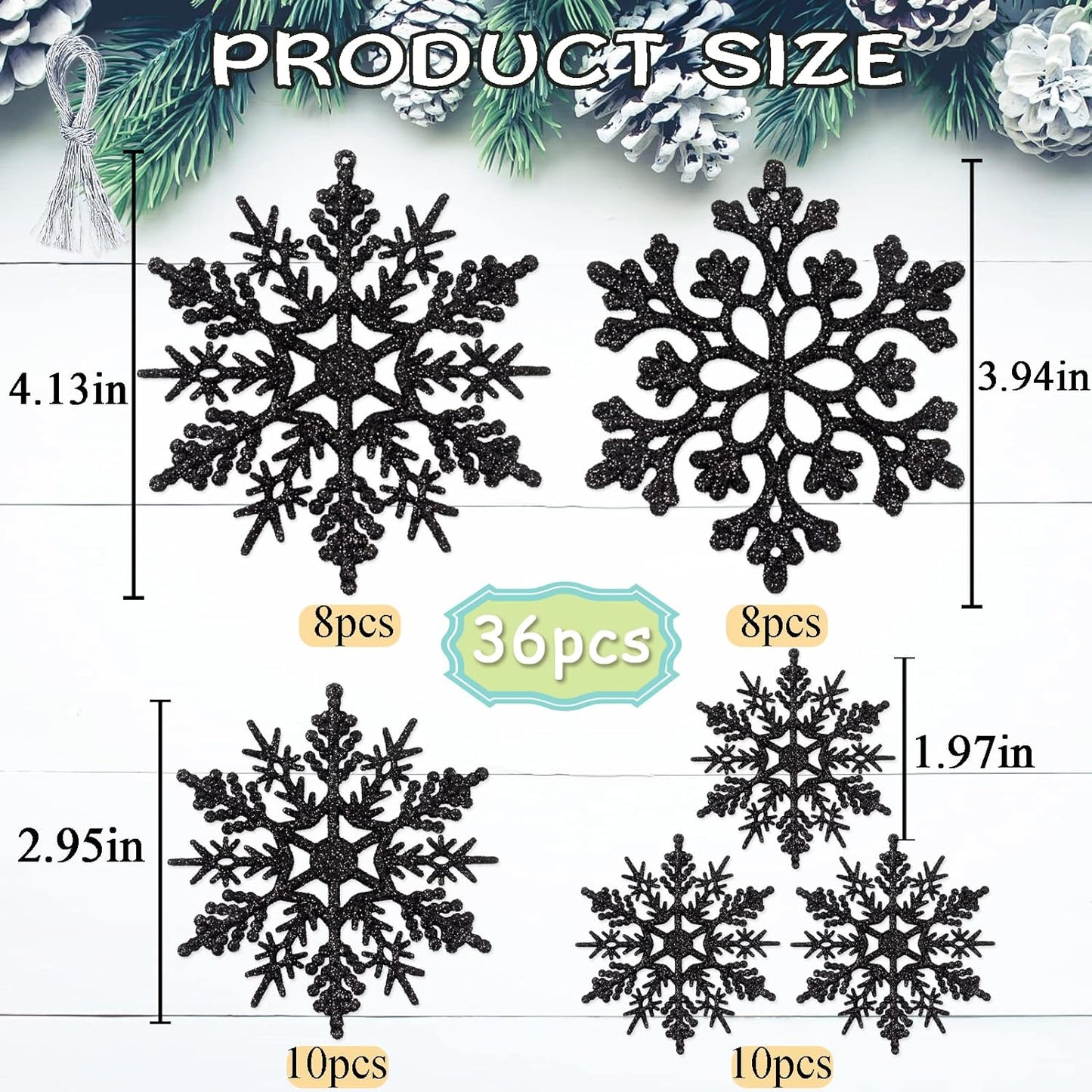 36pcs Black Christmas Snowflake Ornaments, Plastic Glitter Hanging Snow Flakes for Christmas Tree Decorations Winter Wonderland Frozen Birthday Party Holiday Home Decor Craft Snowflakes