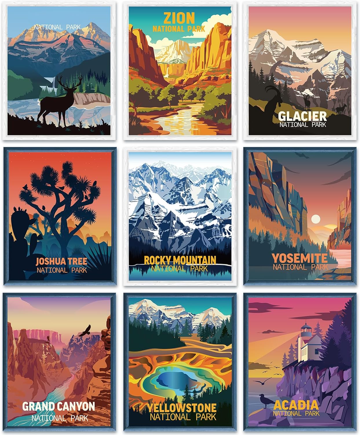 Outus 9 Pieces Vintage National Park Art Posters Prints Nature Art and Mountain Print Set Abstract Travel Unframed for Hikers Campers Living Room Decor, 8 x 10 Inch(National Park)