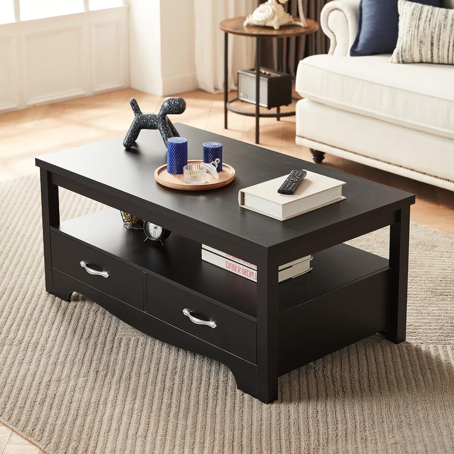 LINSY HOME Farmhouse Coffee Table with Storage, Wood Coffee Table for Living Room, Open Display Area and Storage Drawers with Metal Handles, Chic Style with Curved Base, Black