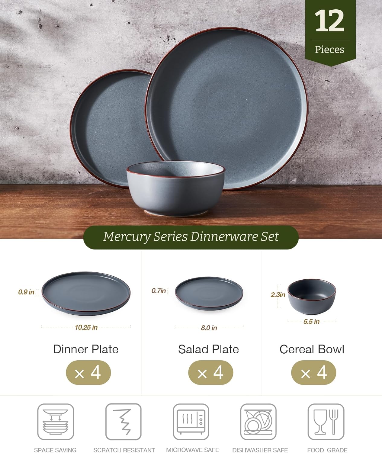 Famiware Mercury Plates and Bowls Sets, 12 Pieces Stoneware Dinnerware Sets, Dishes Set for 4, Microwave and Dishwasher Safe, Charcoal