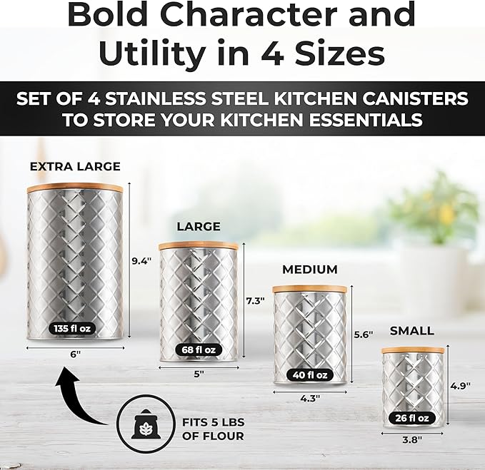 Pebble & Stem® Silver Stainless Steel Canister Set for Kitchen Counter, Food-Grade Canister Set of 4, Airtight Lids, Sugar and Flour Containers for Countertop, Coffee and Tea Storage, Farmhouse Decor